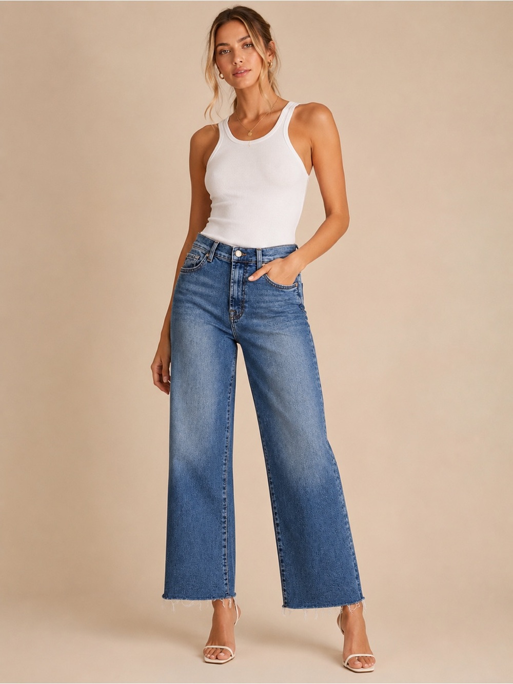7 For All Mankind Medium Blue High-Rise Wide Leg Jeans